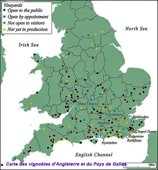 carte des régions viticoles Angleterre-Pays de Galles 
